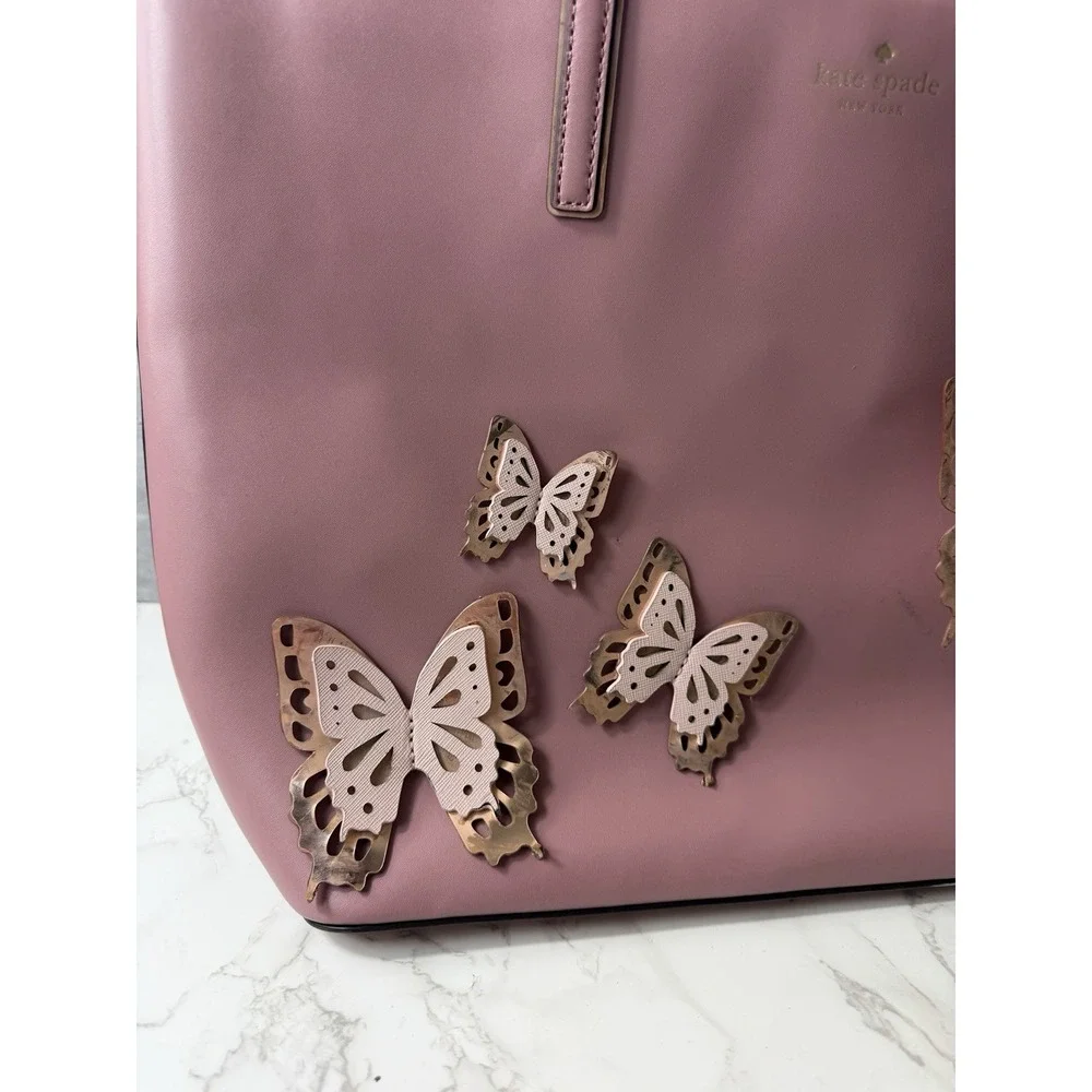 Kate Spade New York Pink Leather Butterfly Tote Shoulder Bag Large Shopper